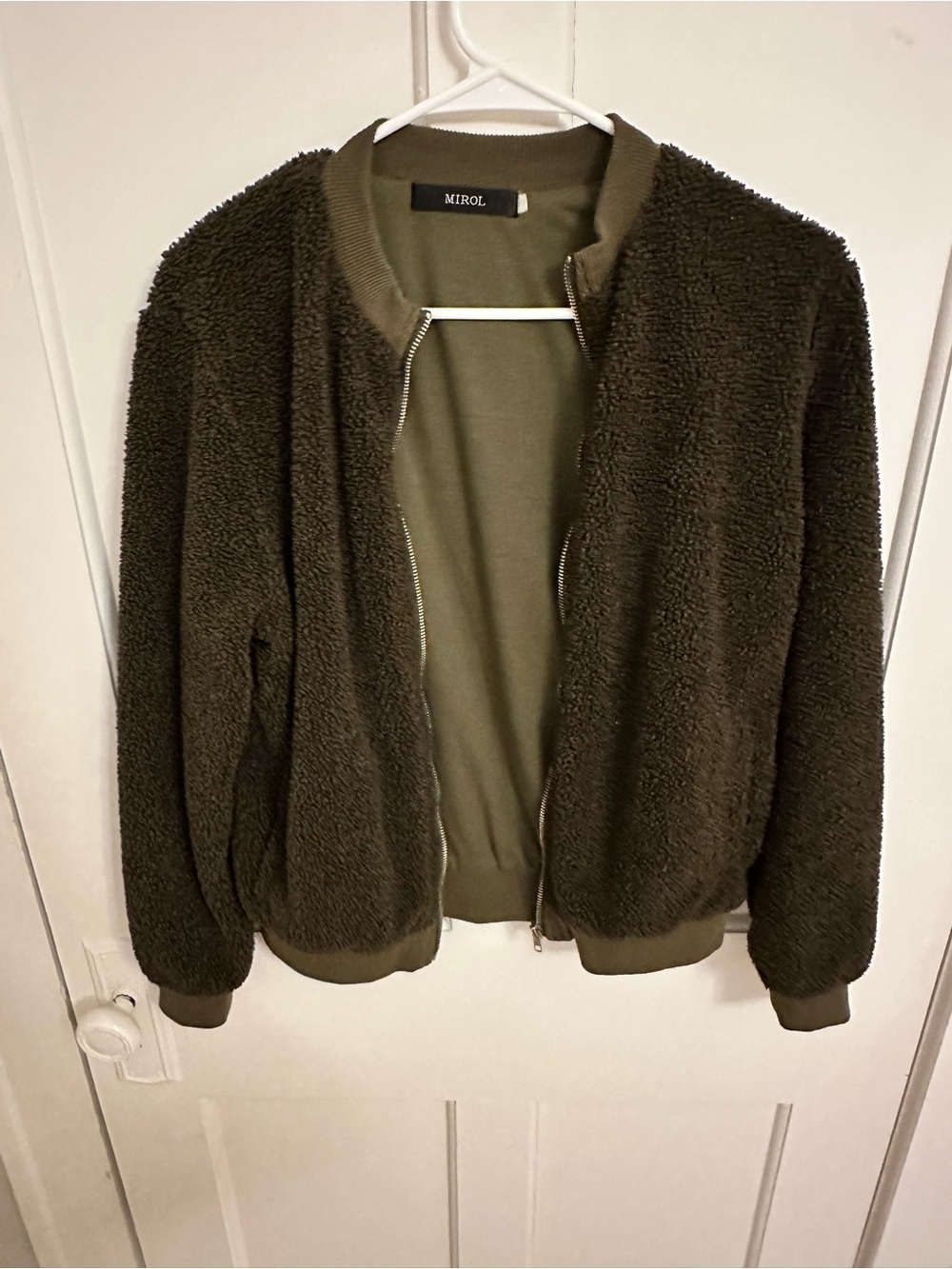Mirol Dark Army Olive Green Bomber Jacket Sherpa  Teddy Full Zip